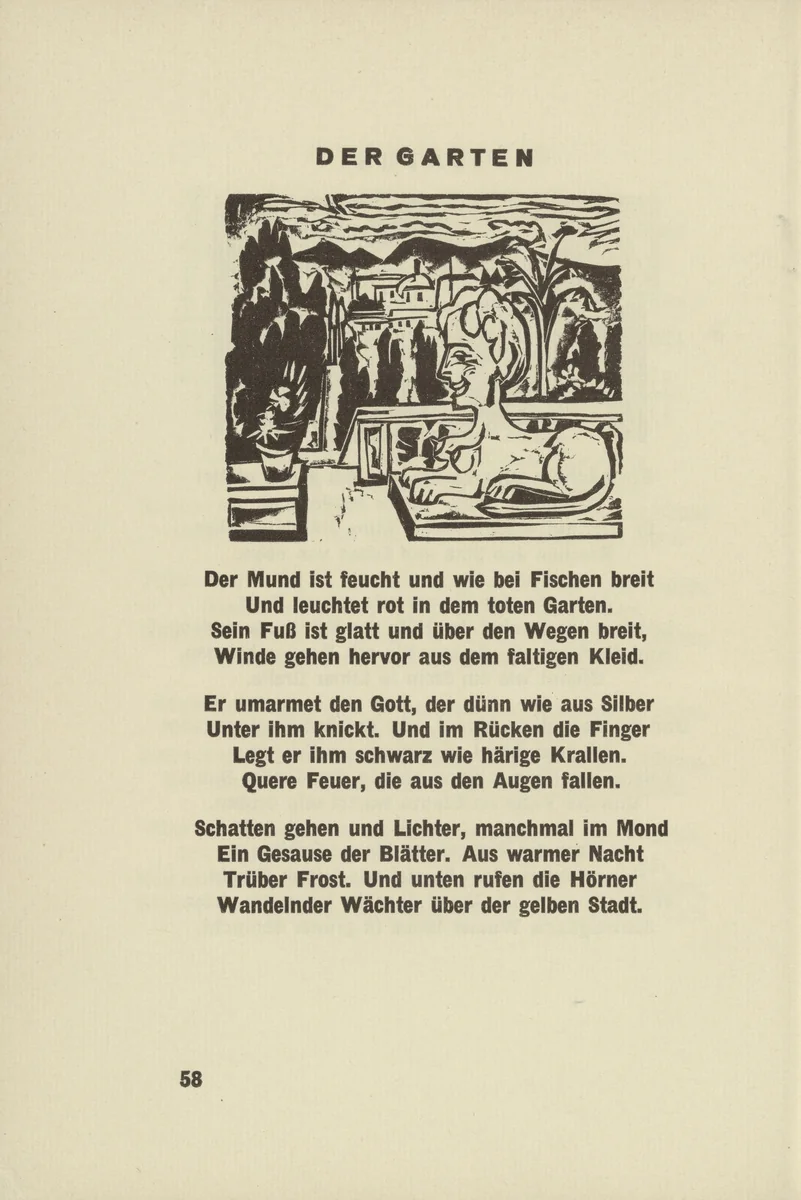 The Garden (Der Garten) (headpiece, page 58) from Umbra vitae (Shadow of Life) by Ernst Ludwig Kirchner, illustrated book, 1924