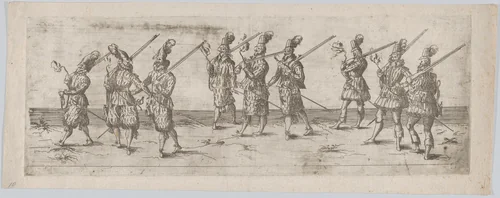 Procession, with three groups of three men, each holding a gun by anonymous, print, 1500-1599