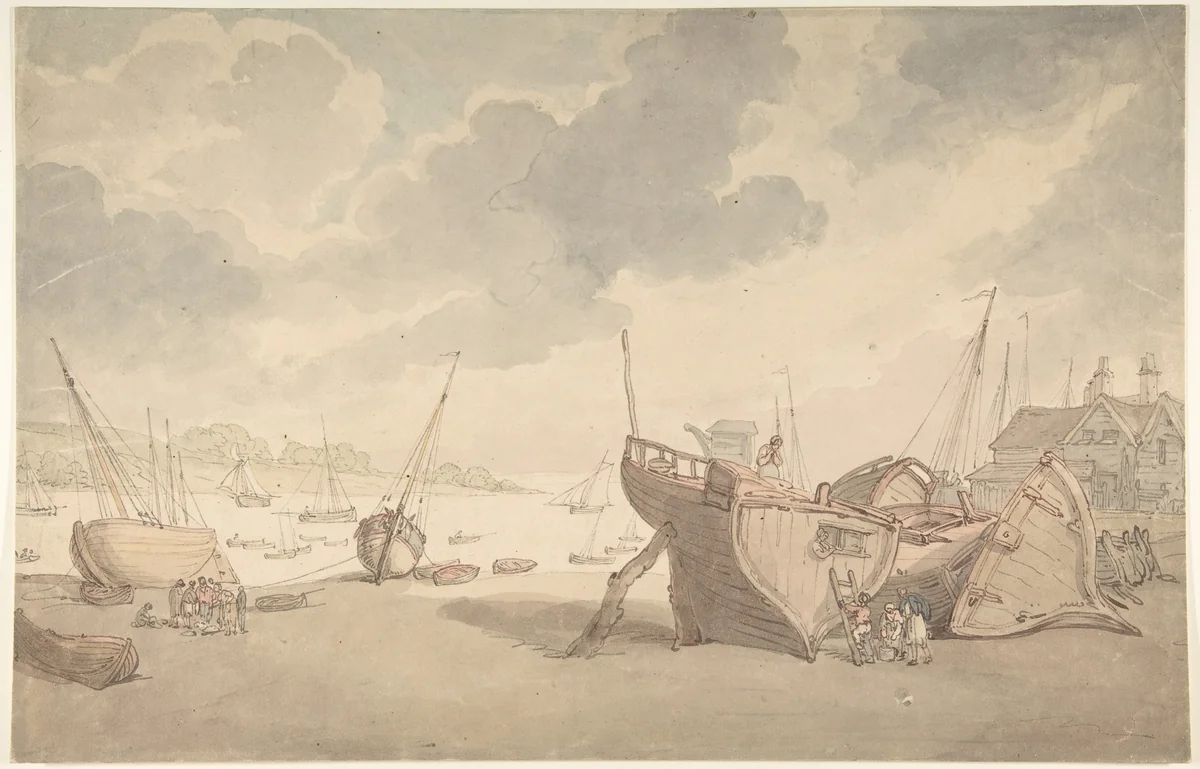 Harbor scene with the tide out, and beached boats by Thomas Rowlandson, drawing, 1775-1827