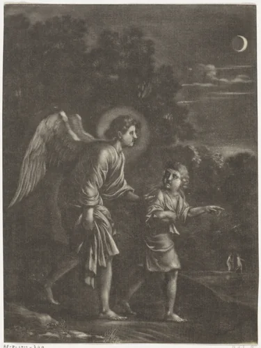 Tobias en de engel by Jan van Somer, print, 1655-1700