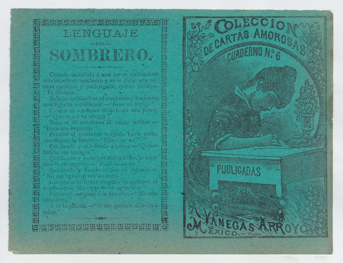 Cover for 'Coleccion de Cartas Amorosas Cuaderno No. 6', a young woman writing a letter at a desk by José Guadalupe Posada, print, 1895-1905