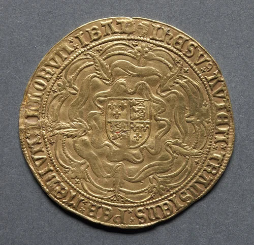 Sovereign of Thirty Shillings: Shield of Royal Arms on Rose (reverse) by Unknown, metalwork, 1550-1553