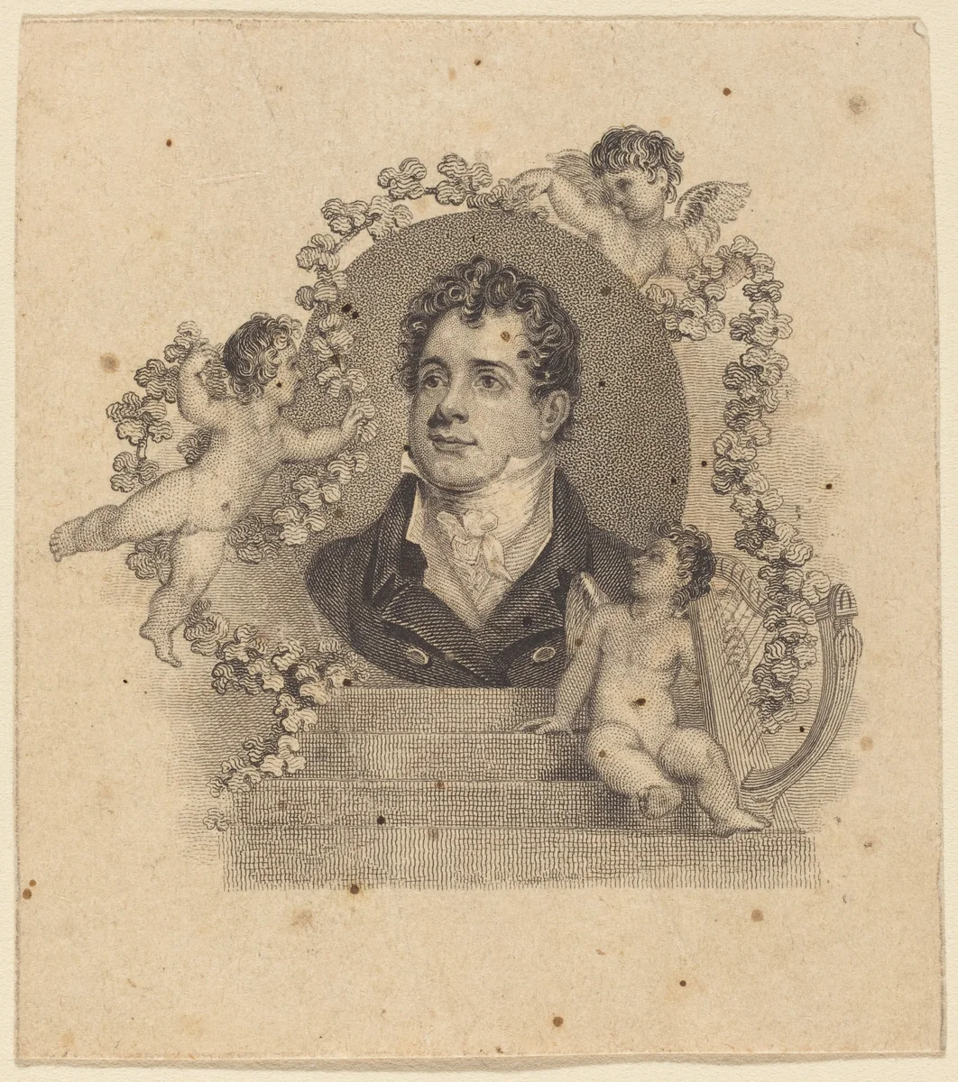 Portrait of a Young Gentleman Surrounded by Cupids; Lord Byron? by British 19th Century, print, 1800-1899