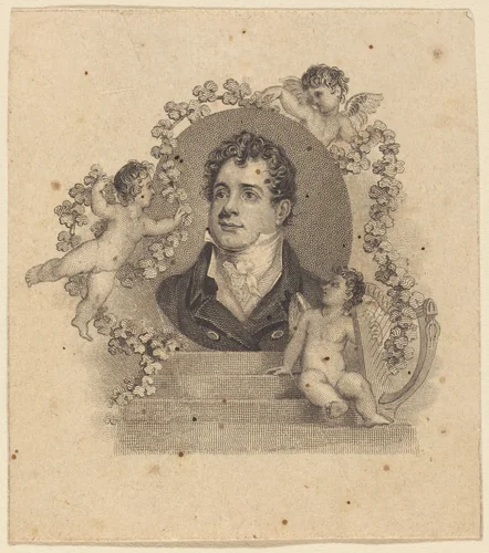 Portrait of a Young Gentleman Surrounded by Cupids; Lord Byron? by British 19th Century, print, 1800-1899
