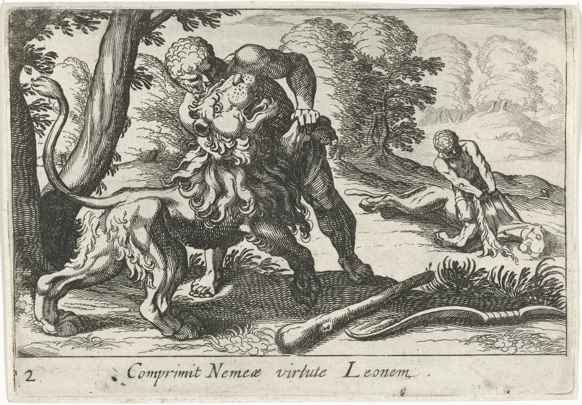 Hercules in gevecht met de Nemeïsche leeuw by Simon Frisius, print, 1610-1664