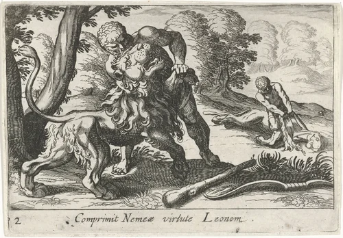 Hercules in gevecht met de Nemeïsche leeuw by Simon Frisius, print, 1610-1664