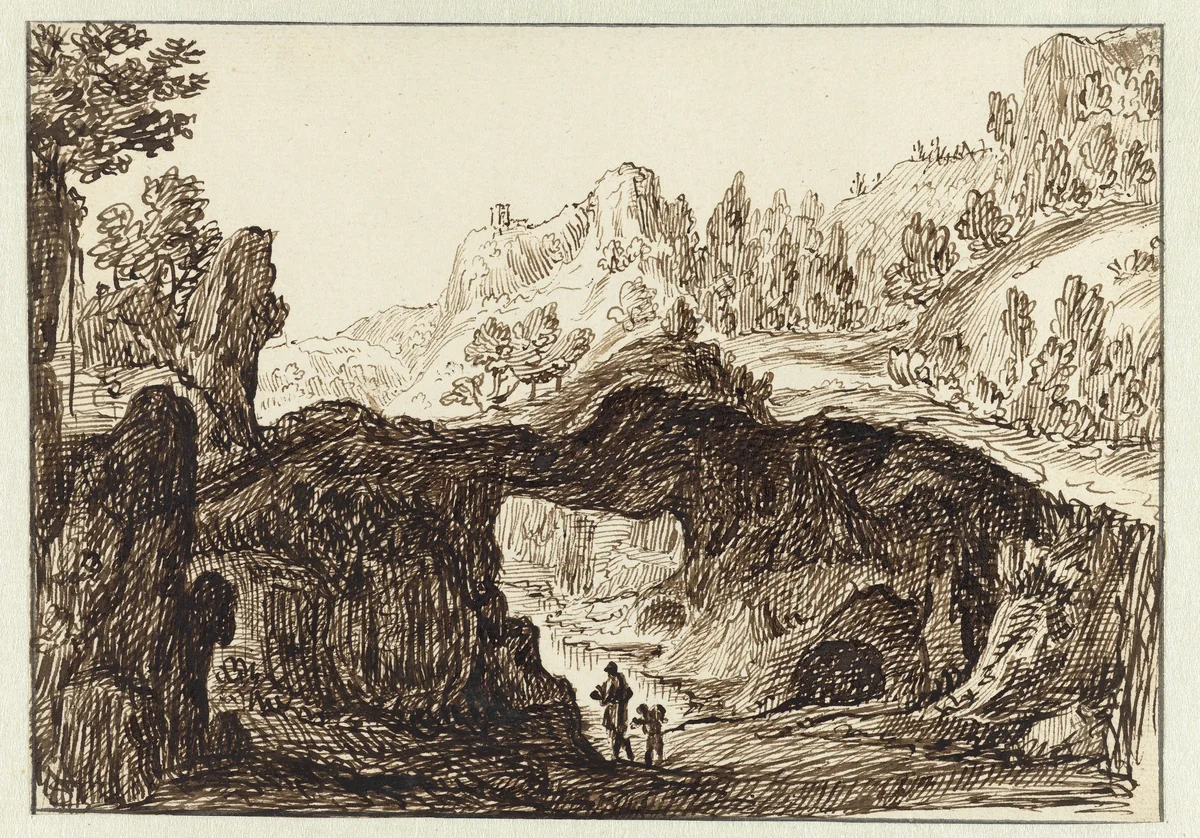 Rotsachtig berglandschap met op de voorgrond twee reizigers by Jan van Almeloveen, drawing, 1679