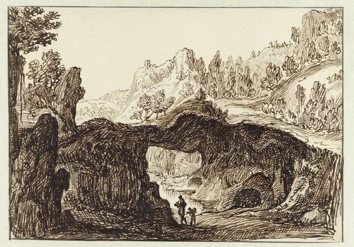 Rotsachtig berglandschap met op de voorgrond twee reizigers by Jan van Almeloveen, drawing, 1679