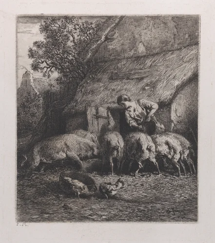 Woman Feeding Pigs by Charles Jacque, print, 1850