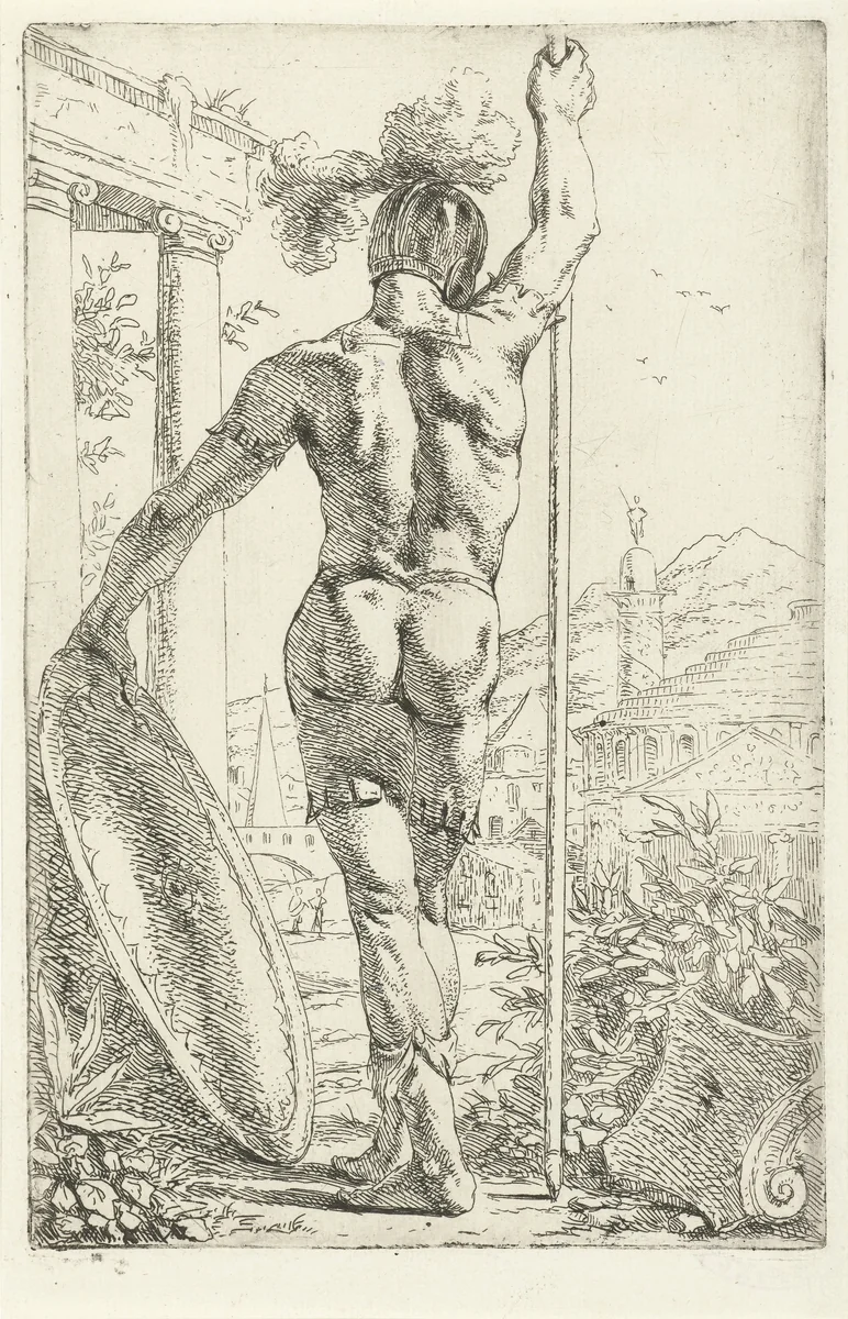 Romeinse soldaat met schild en lans op zijn rug gezien by Leendert van der Cooghen, print, 1664-1666