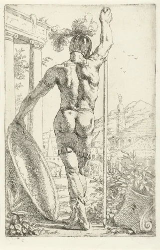 Romeinse soldaat met schild en lans op zijn rug gezien by Leendert van der Cooghen, print, 1664-1666