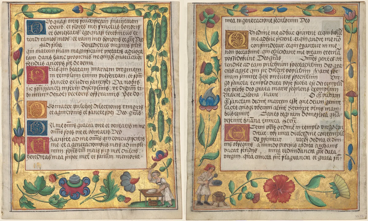 Leaf from a Psalter and Prayerbook: Ornamental Border with Pea Vines and a Girl Kneading Bread (recto) and Ornamental Boarder with Carnations, a Thistle, and a Cook Ladling Soup (verso) (1 of 3 Excised Leaves) by Unknown, manuscript, 1519-1529