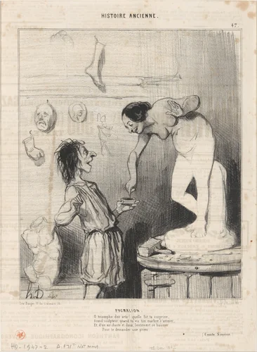 Pygmalion, from Histoire Ancienne, published in Le Charivari, December 28, 1842 by Honoré Daumier, print, 1842