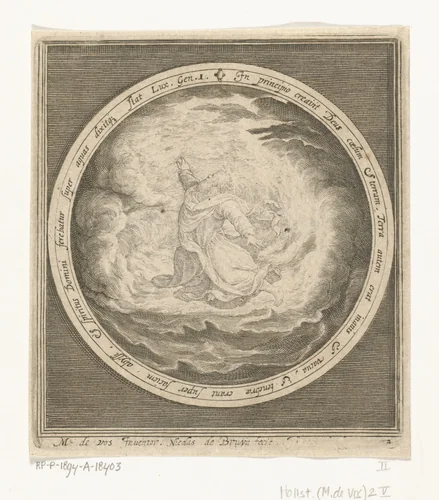 Eerste dag van schepping: God schept hemel en aarde by Unknown, print, 1581-1656
