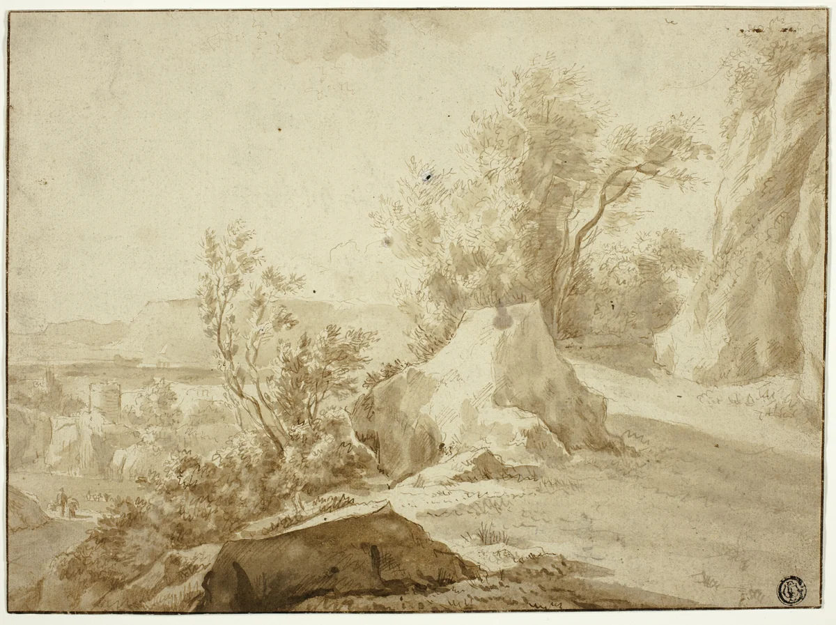Rocks and Mountain Path, Figures and Town Below by Bartholomeus Breenbergh, drawing, 1598-1700