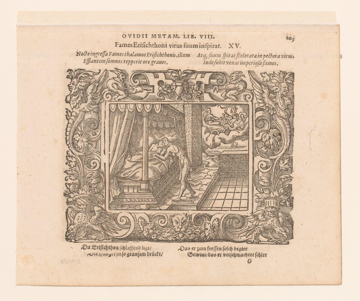 Fames besmet Erysichthon met onverzadigbare honger by Virgilius Solis, print, 1569