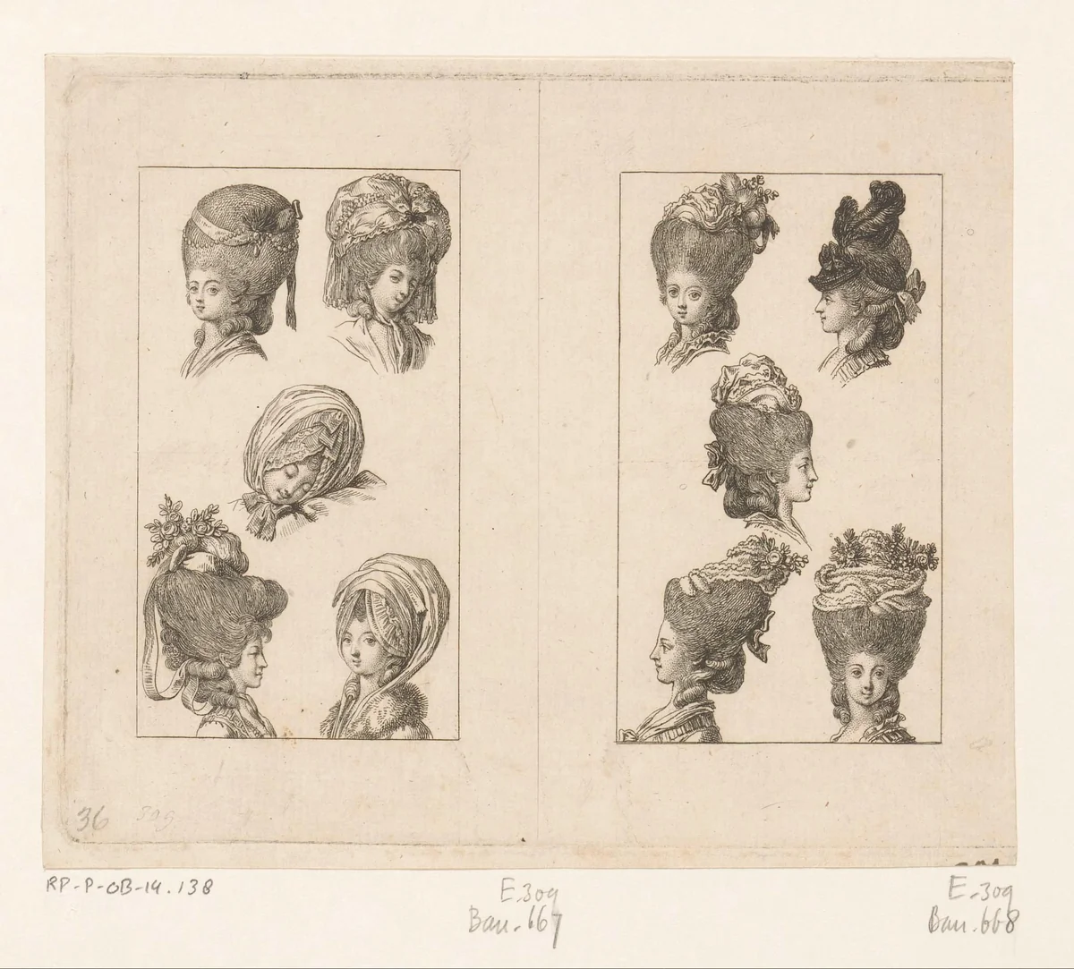 Dameskapsels en hoofddeksels by Daniel Nikolaus Chodowiecki, print, 1779