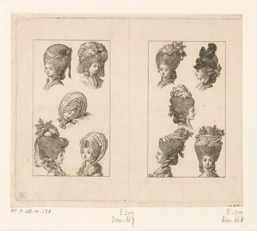 Dameskapsels en hoofddeksels by Daniel Nikolaus Chodowiecki, print, 1779