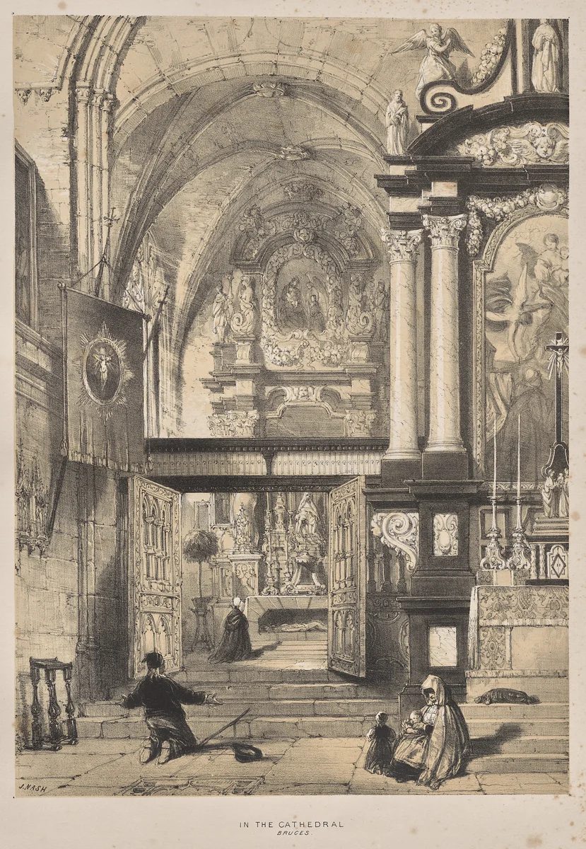 Architecture of the Middle Ages: In the Cathedral, Bruges by Joseph Nash, print, 1838