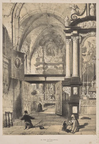 Architecture of the Middle Ages: In the Cathedral, Bruges by Joseph Nash, print, 1838