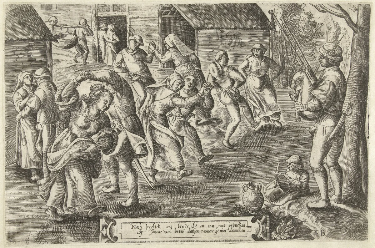 Boerenbruiloftsfeest met doedelzakspeler by Unknown, print, 1540-1584