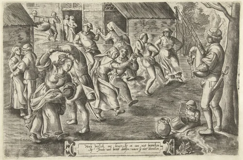 Boerenbruiloftsfeest met doedelzakspeler by Unknown, print, 1540-1584