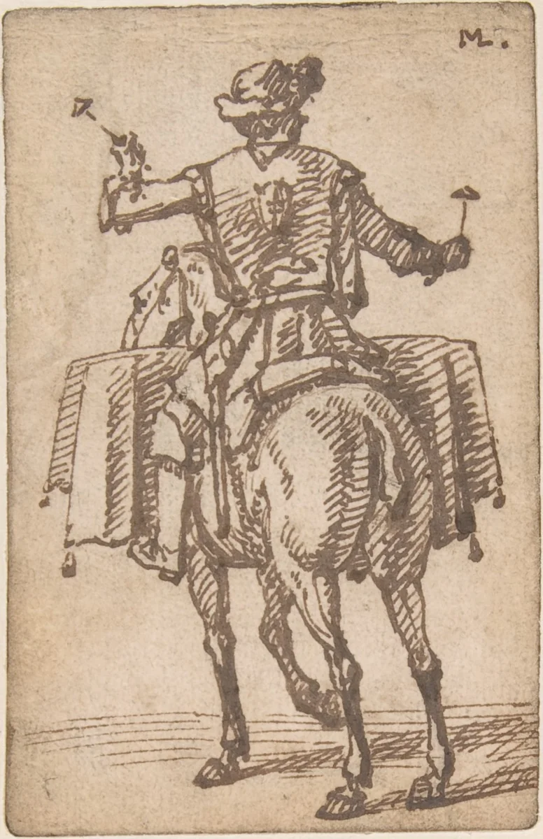 A mounted drummer from the back by Marcellus Laroon, drawing, 1670-1702
