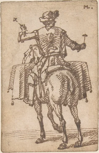 A mounted drummer from the back by Marcellus Laroon, drawing, 1670-1702