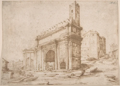The Arch of Septimius Severus Seen from the East by Jan Brueghel, drawing, 1594