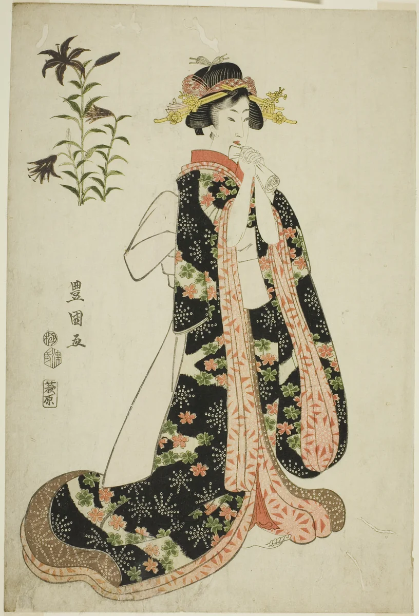 Lilies: young woman holding a letter, from an untitled series of beauties and flowers by Utagawa Toyokuni I (初代 歌川 豊国), print, 1812