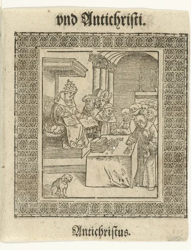 Paus ontvangt aflaatgeld by Lucas Cranach, print, 1521-1522