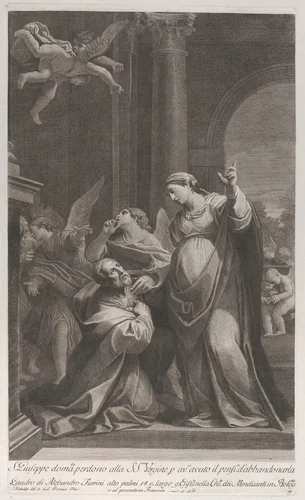 Saint Joseph asking the Virgin's pardon for having thought of deserting her, with angels at left and overhead by Giuliano Traballesi, print, 1760-1800