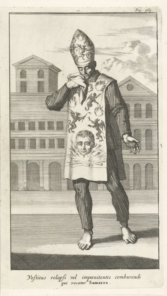 Veroordeelde in boetekleed, met mijter by Jan Luyken, print, 1692