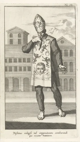 Veroordeelde in boetekleed, met mijter by Jan Luyken, print, 1692