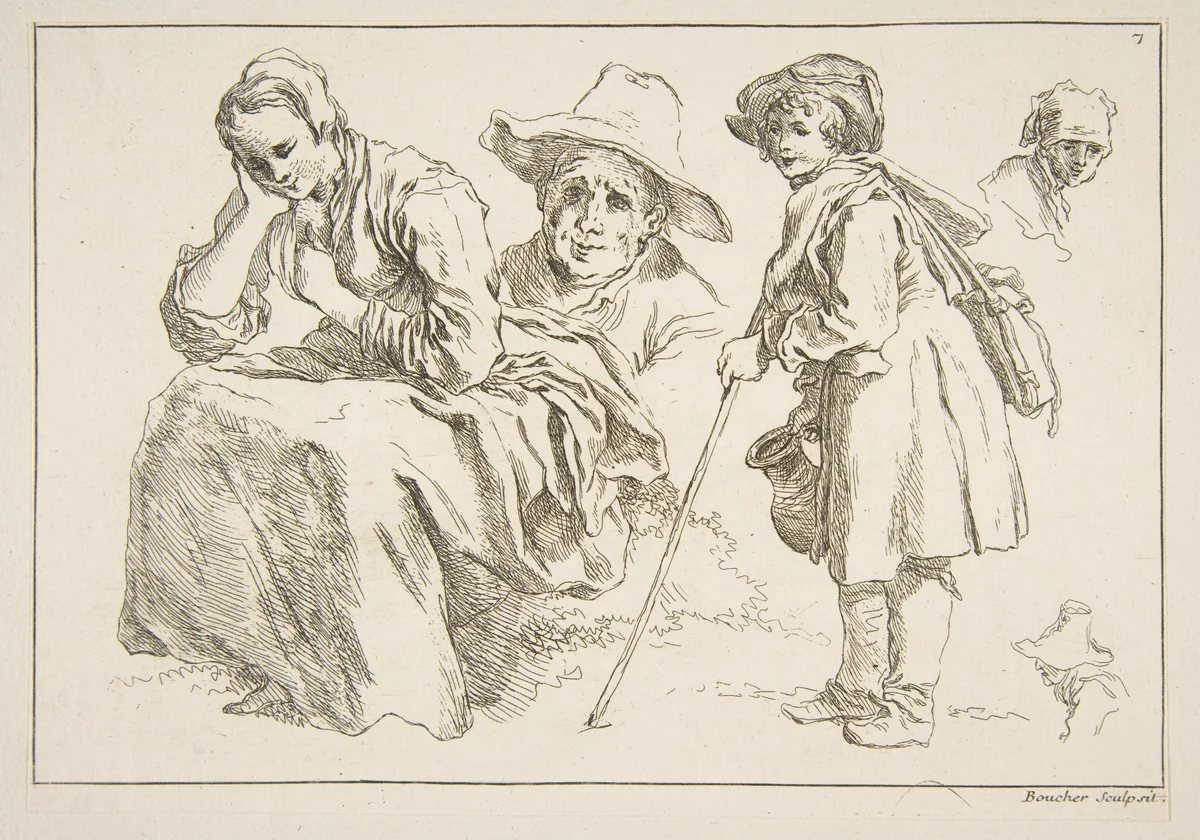 Sheet of Sketches, from "Livre d’étude d’après les desseins originaux de Blomart" by François Boucher, print, 1735