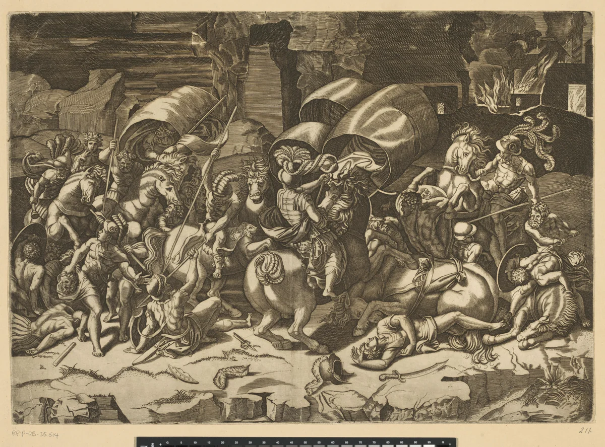 Veldslag tussen Romeinen en Carthagers by Unknown, print, 1498-1532