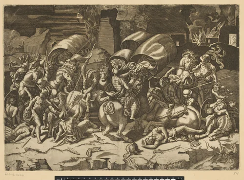 Veldslag tussen Romeinen en Carthagers by Unknown, print, 1498-1532