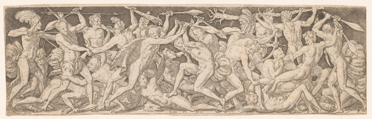 Gevecht tussen naakte mannen, waarvan sommigen versierd met veren by Unknown, print, 1528-1583