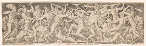Gevecht tussen naakte mannen, waarvan sommigen versierd met veren by Unknown, print, 1528-1583
