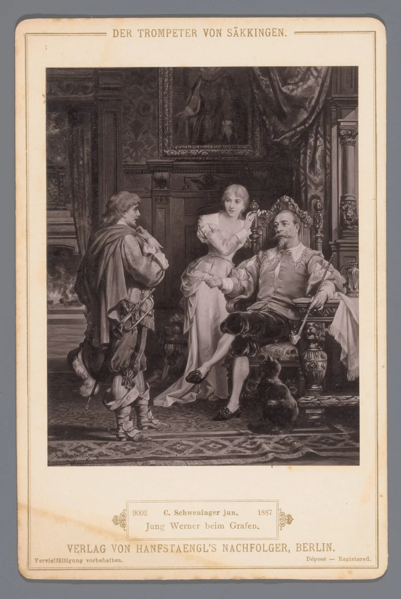 Reproductie van het schilderij 'Jung Werner beim Grafen' door C. Schweninger Jr., ter illustratie bij 'Der Trompeter von Säckingen' by anonymous, print, 1887