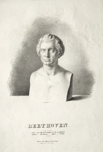 Bust of Ludwig van Beethoven by Josef Kriehuber, print, 1827