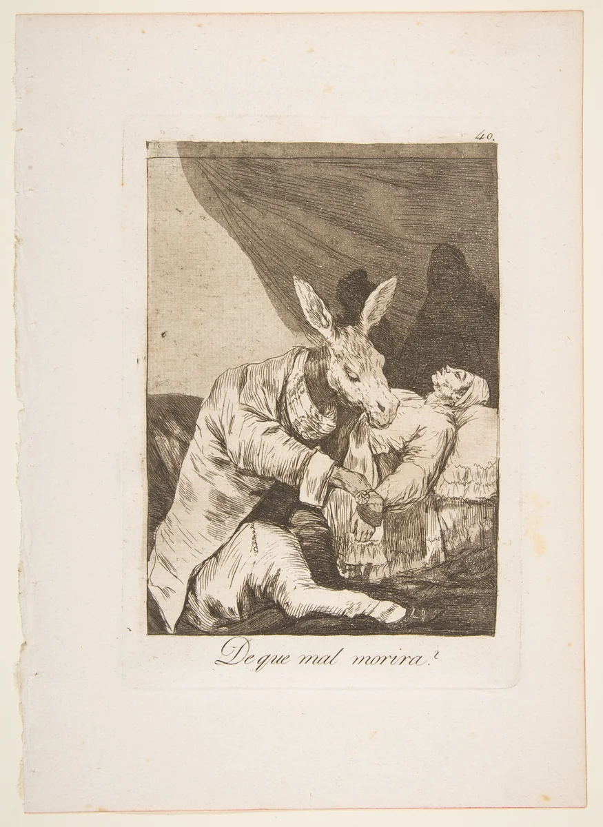 Plate 40 from "Los Caprichos": Of what ill will he die? (De que mal morira?) by Goya, print, 1799