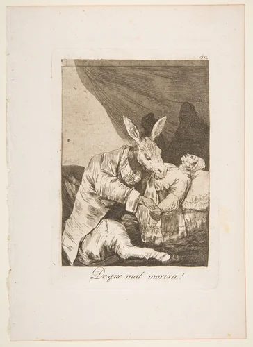 Plate 40 from "Los Caprichos": Of what ill will he die? (De que mal morira?) by Goya, print, 1799