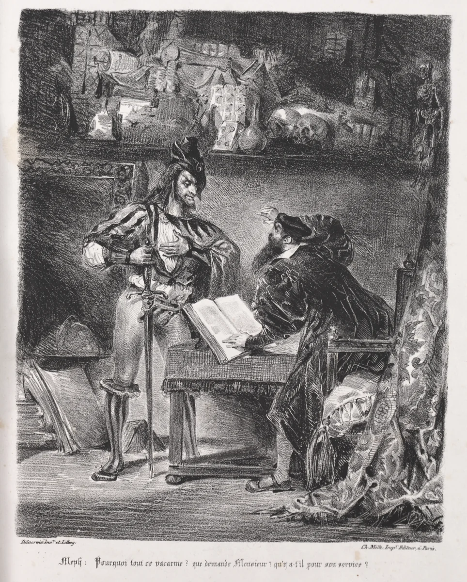 Illustrations for Faust: Méphistophélés visits Faust by Eugène Delacroix, print, 1828