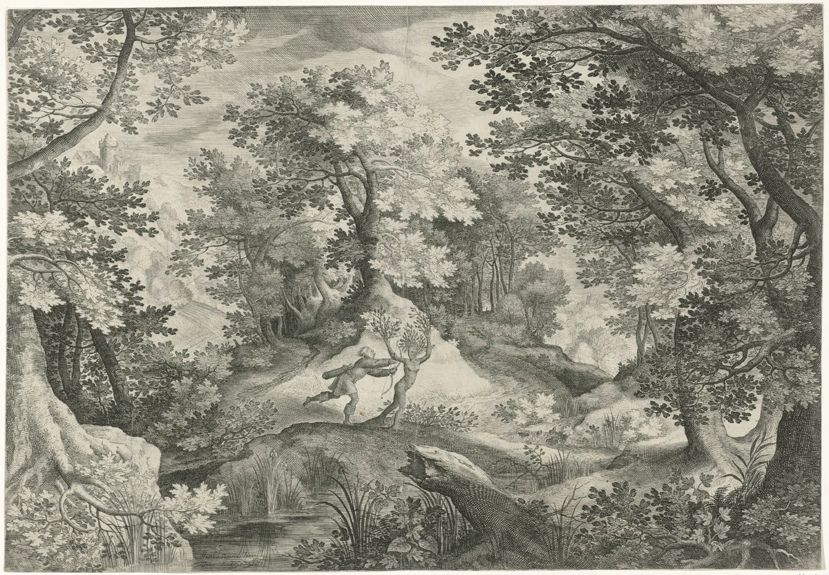 Landschap met Apollo en Daphne by Unknown, print, 1580-1625