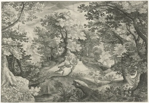 Landschap met Apollo en Daphne by Unknown, print, 1580-1625