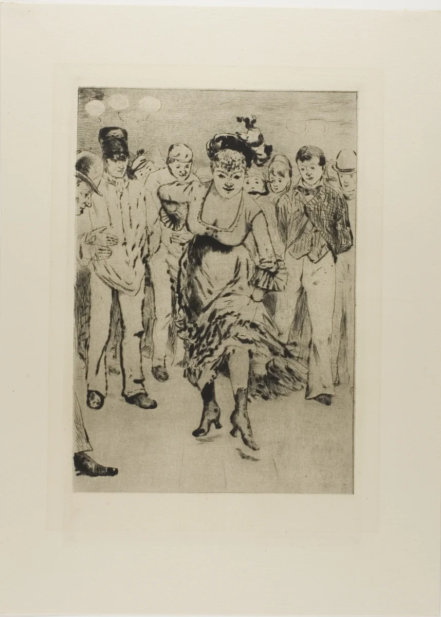 Plate from l'Assommoir (dancing woman with circle of onlookers) by Gaston La Touche, print, 1879