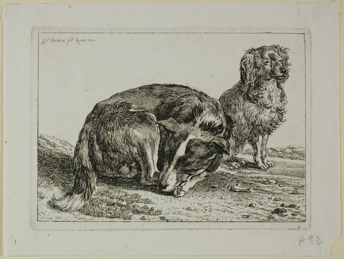 Two Dogs Resting, from Die Zweite Thierfolge by Johann Christian Reinhart, print, 1800