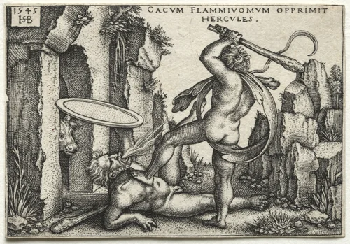 The Labors of Hercules: Hercules Killing the Giant Cacus by Hans Sebald Beham, print, 1545