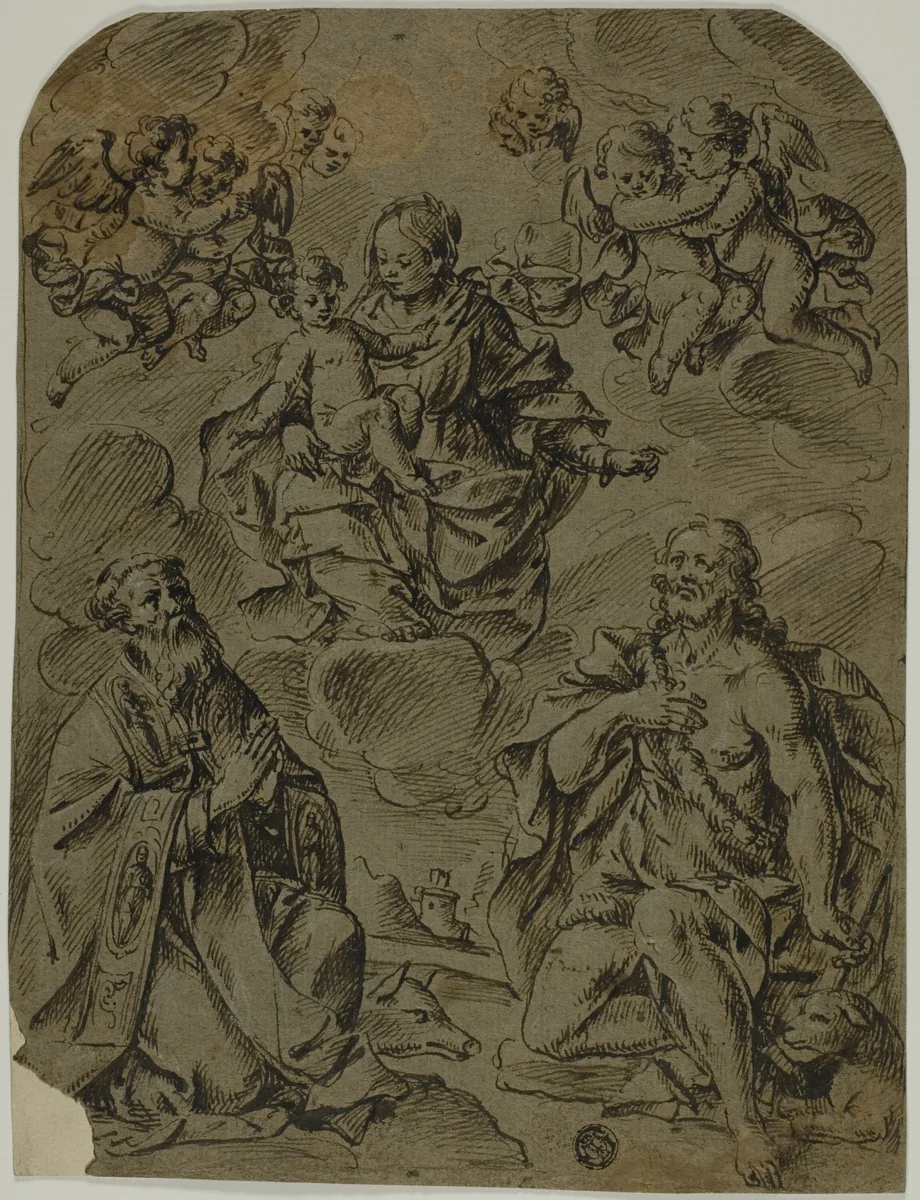 Madonna and Child Adored by Saints Anthony and John the Baptist by Cornelis Schut, drawing, 1600-1625